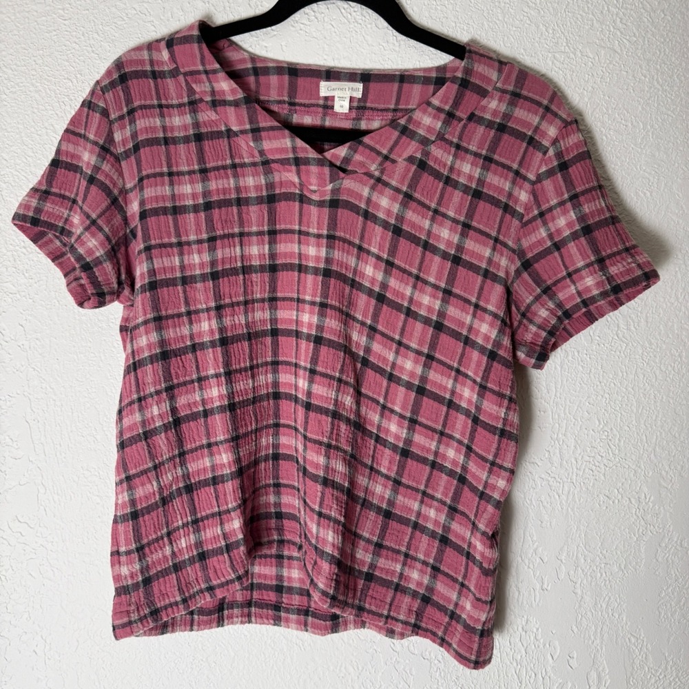 Garnet Hill Women's 10 Pink Plaid 100% Organic Cotton V-Neck Short‎ Sleeve Top